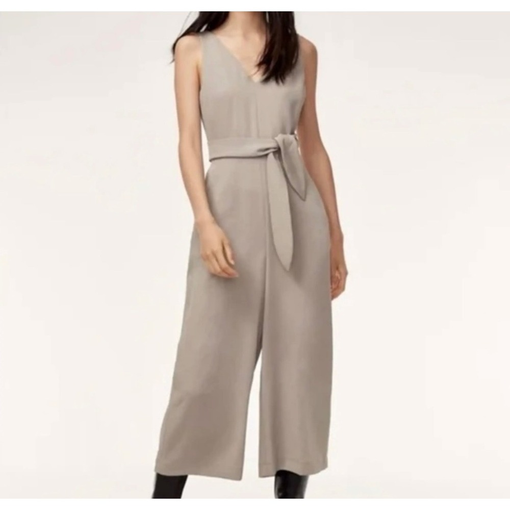 Wilfred Aritzia Wide Leg Jumpsuit Taupe V-Neck Cross Back Belted XS